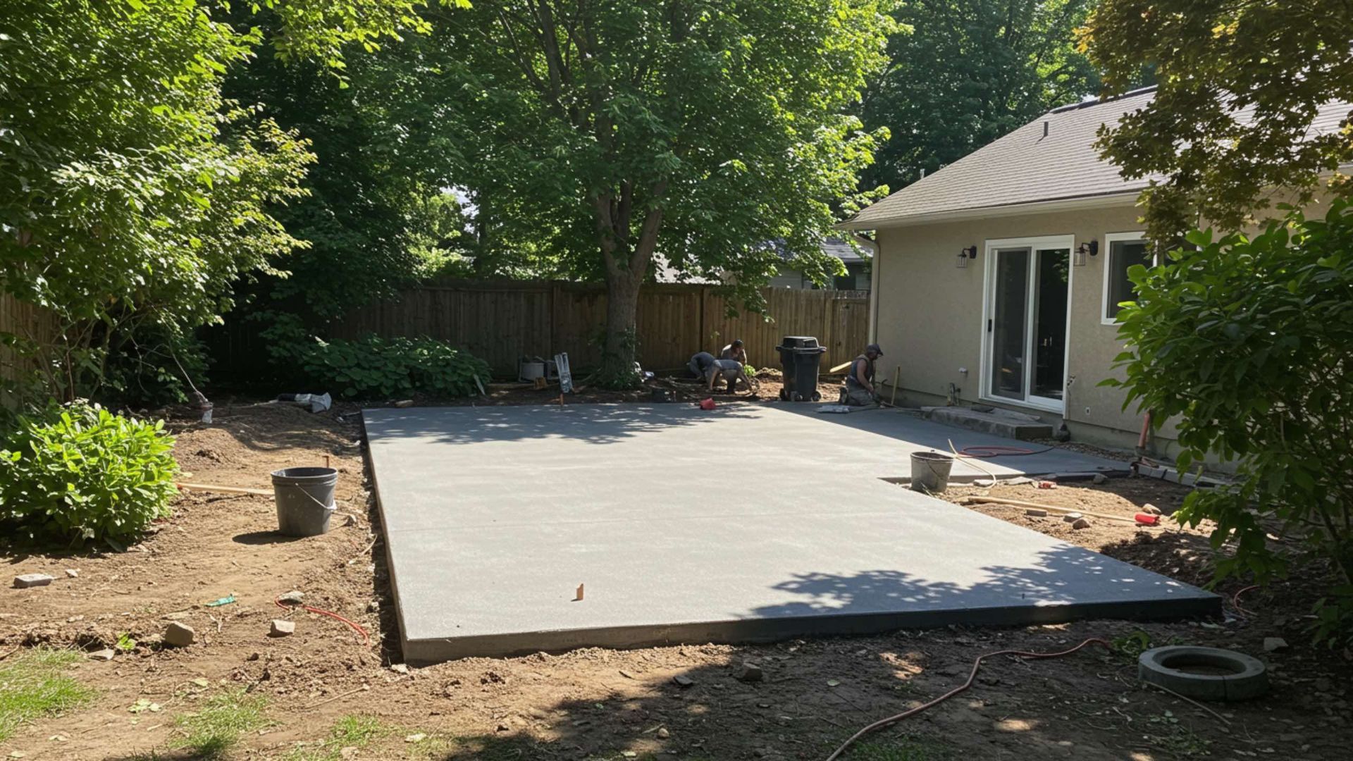 Newly poured concrete patio in a backyard, bordered by dirt and landscaping.