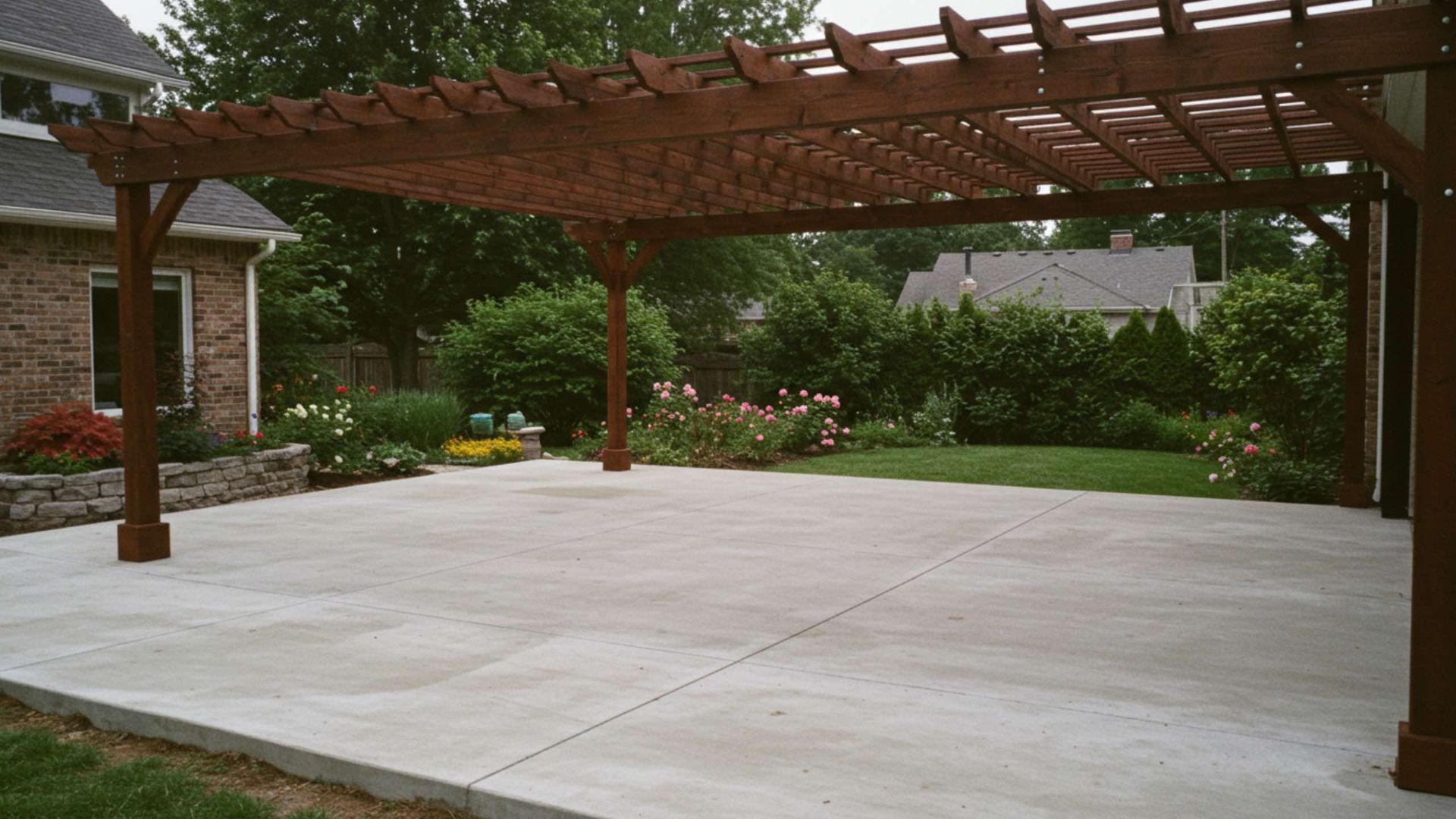 Pergola over a concrete patio in a backyard with landscaping and a brick house.