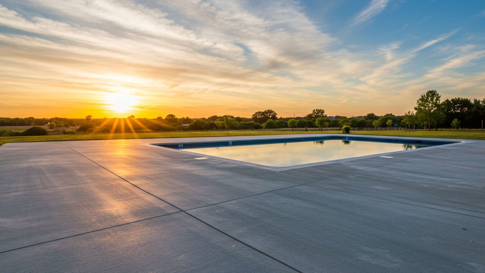 Sunset over a pool and concrete patio. Orange sun, blue sky, trees in the distance.