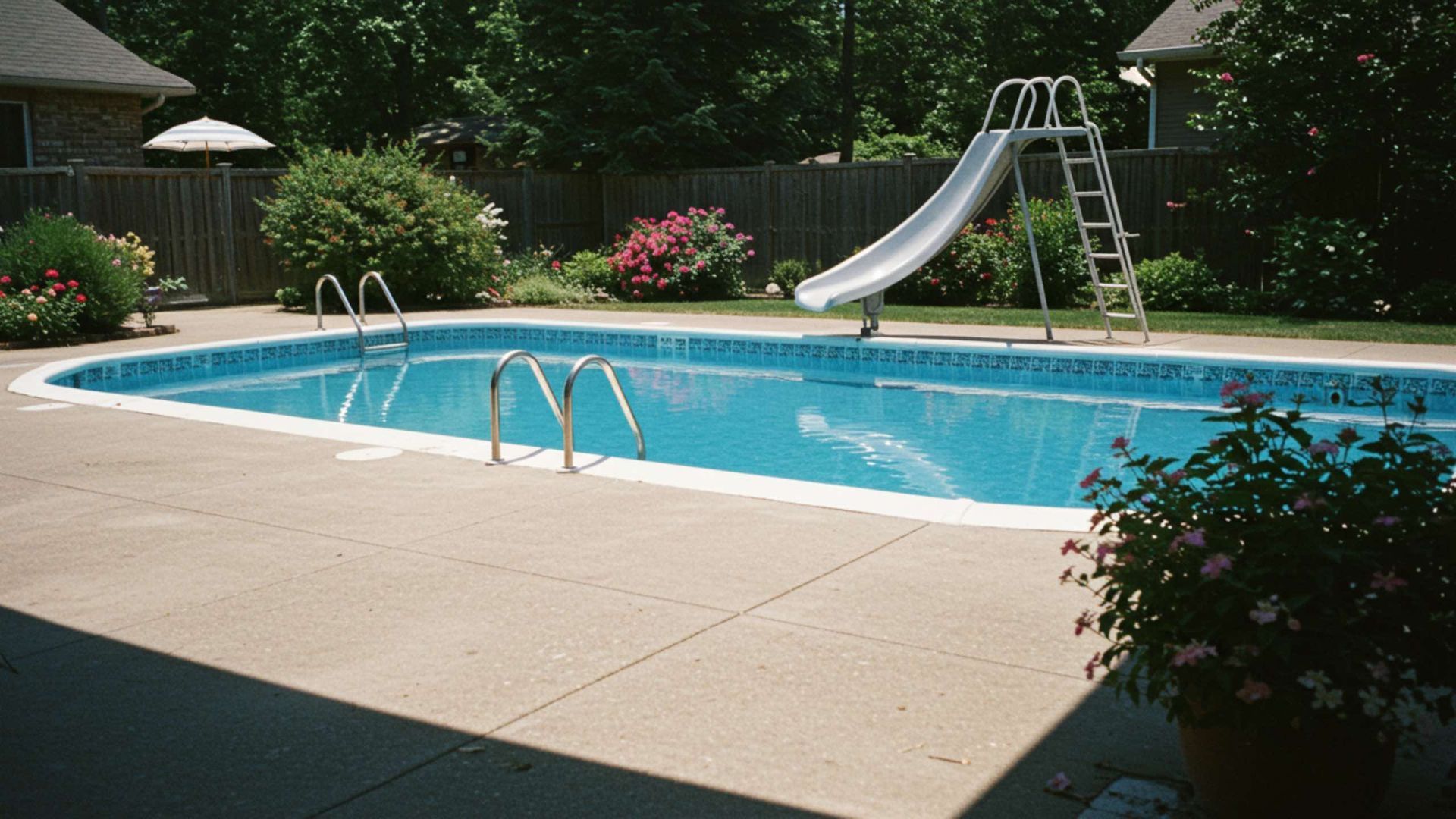 Backyard pool with slide, surrounded by concrete, fence, bushes, and trees.
