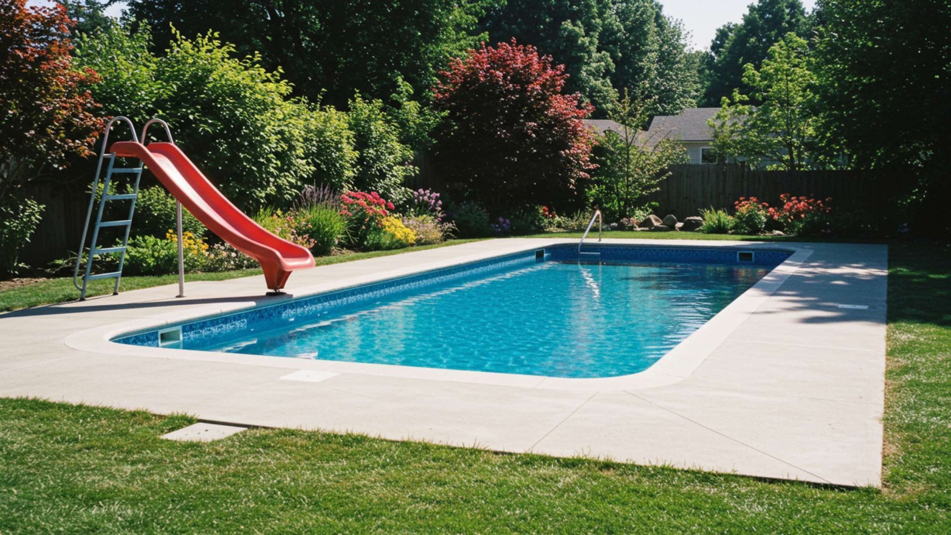 Rectangular swimming pool with a red slide, surrounded by concrete, grass, and trees.