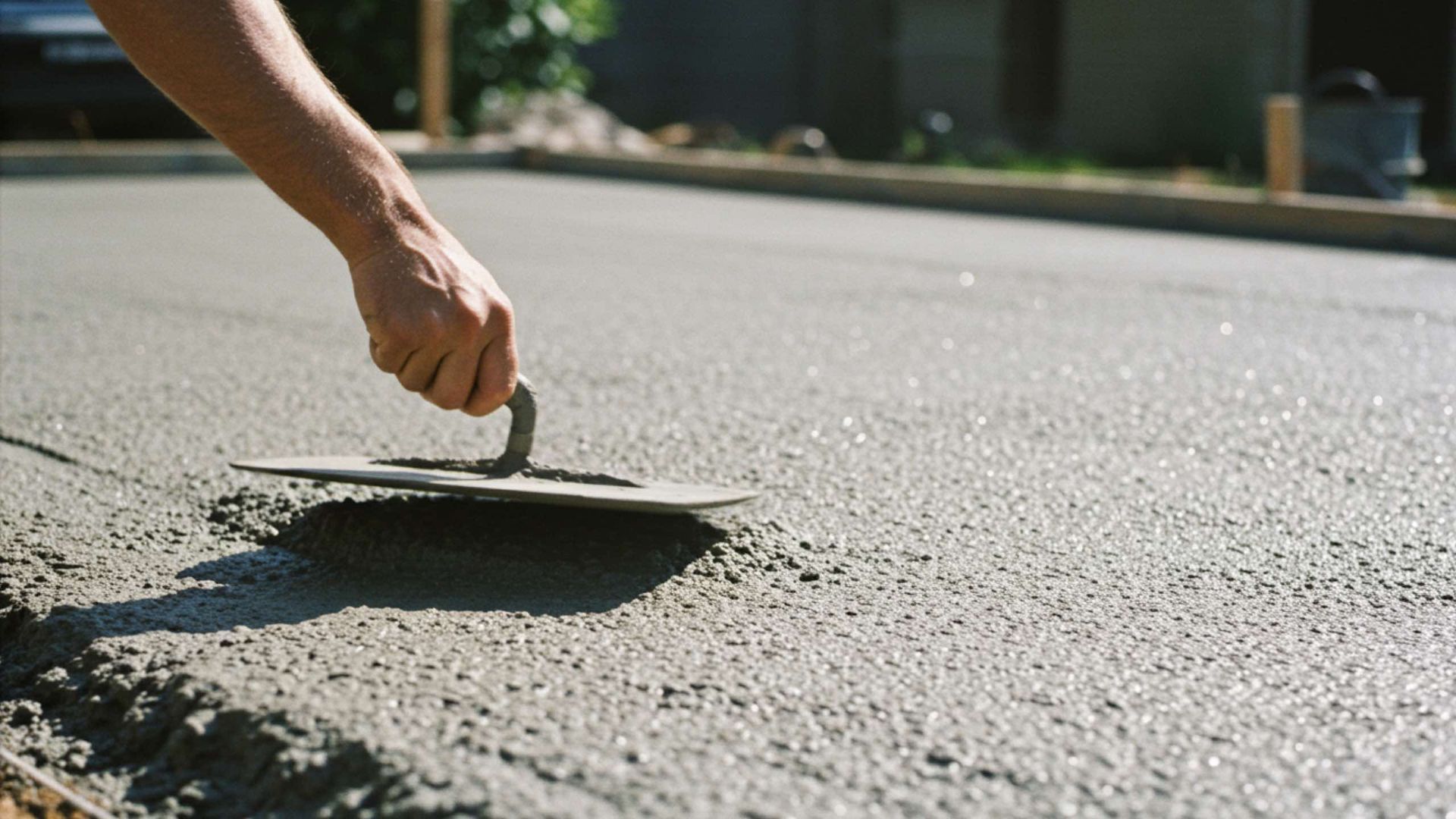 Person smoothing wet concrete with a trowel outdoors.