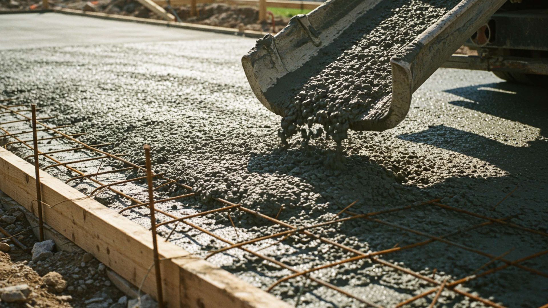 Concrete being poured from a truck into a prepared form with reinforcing steel, construction site.