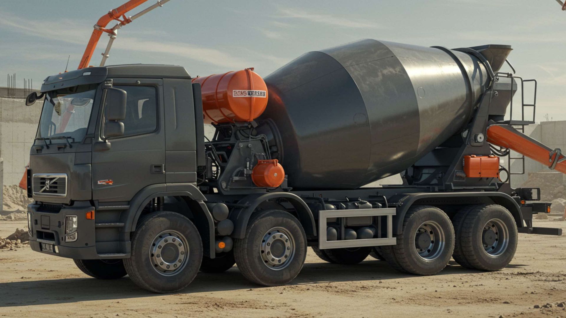 Dark gray cement mixer truck on a construction site.