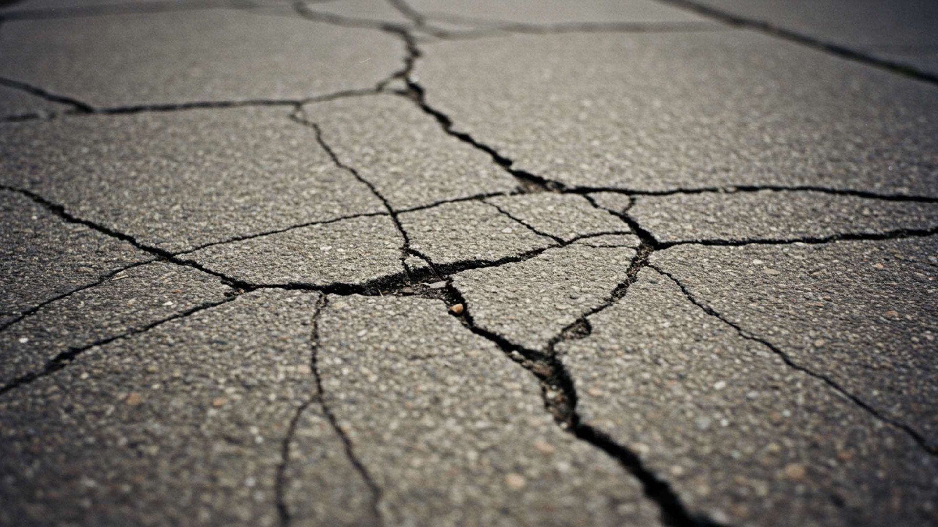 Cracked asphalt road surface, dark gray, with a network of fissures across the surface.