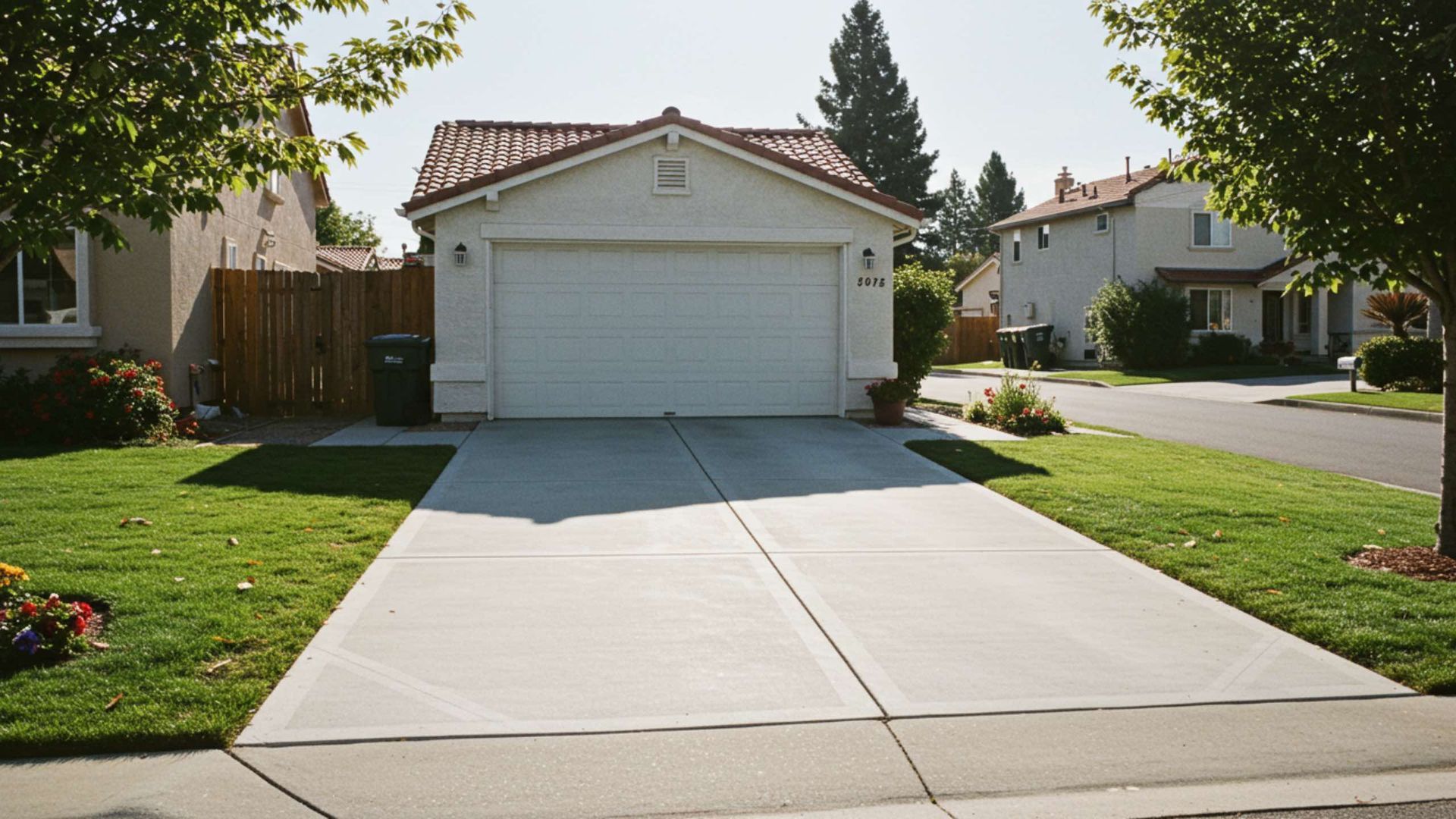 Suburban home with a concrete driveway, garage, and front yard. Houses and trees line the street.