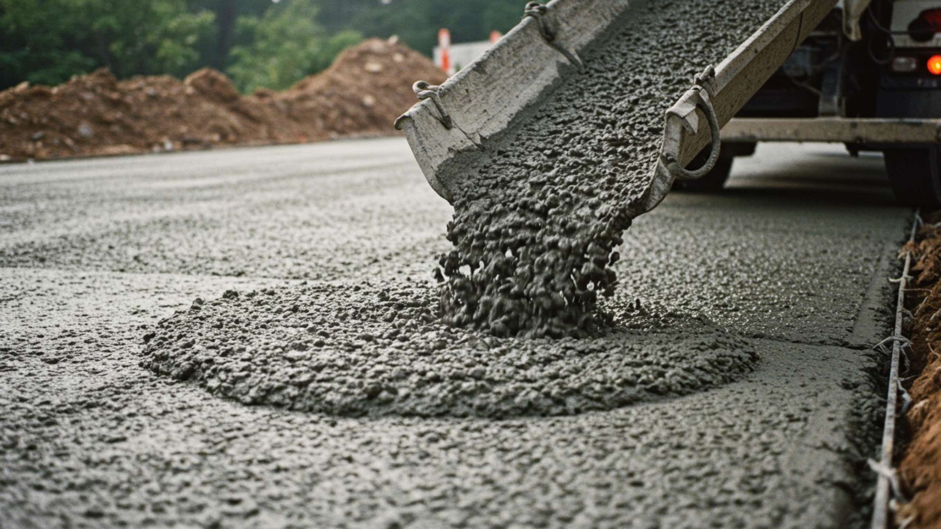 Concrete being poured from a truck onto a road for construction.