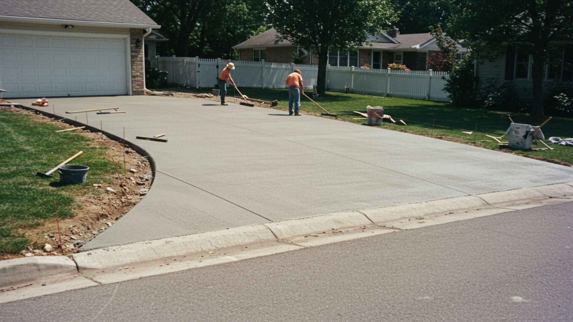 Two workers smoothing a newly poured concrete driveway next to a house.