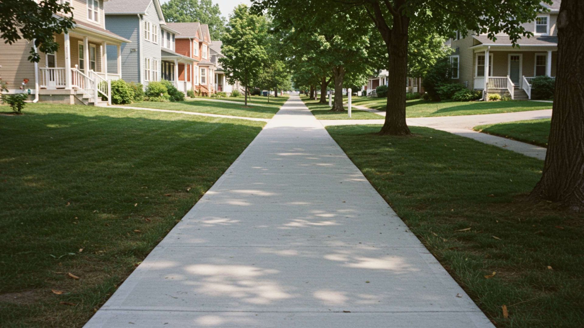 A long, straight concrete sidewalk stretches through a sunny residential neighborhood lined with trees and houses.