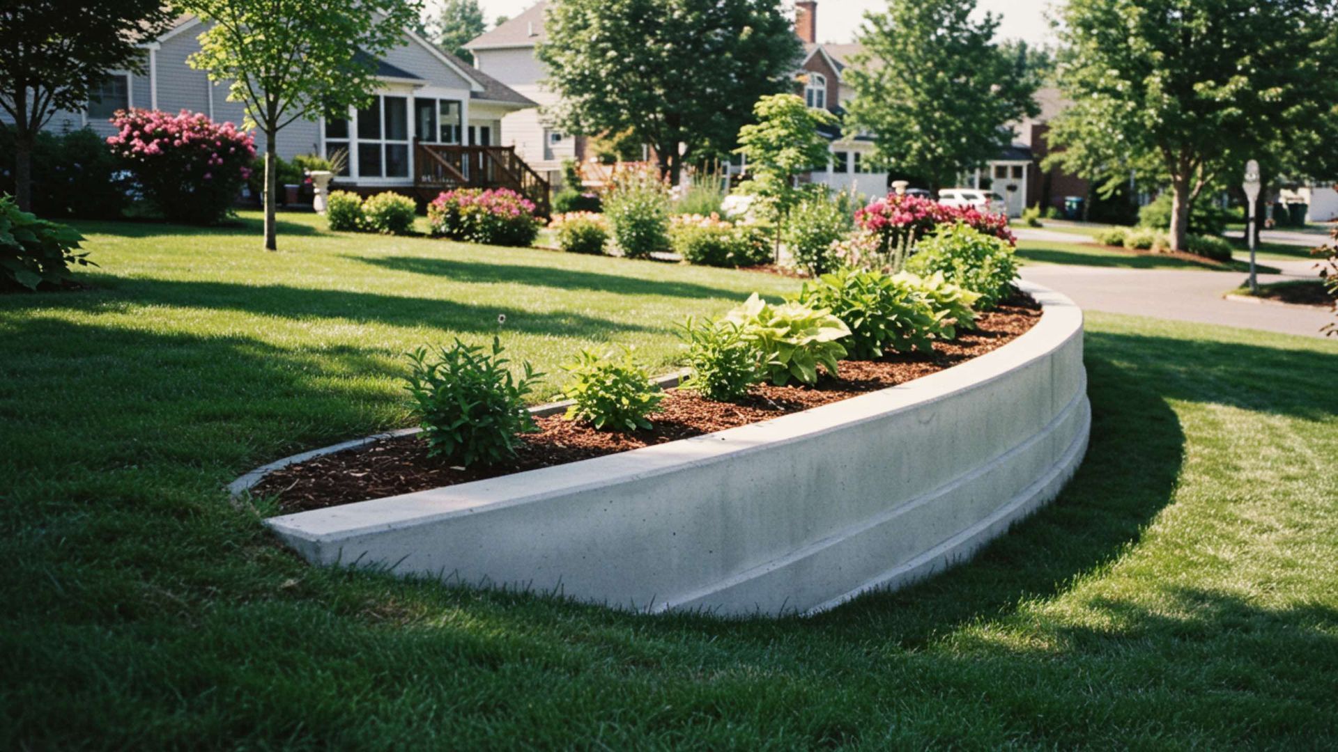 Concrete curved garden bed with plants in front yard, green grass, sunny day.
