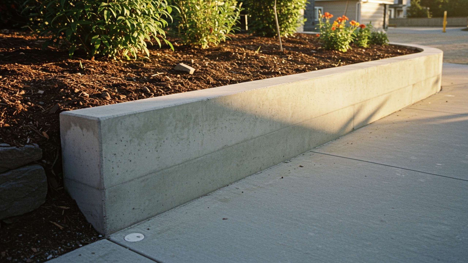 A concrete retaining wall separates a garden bed with mulch and green plants from a grey paved walkway.
