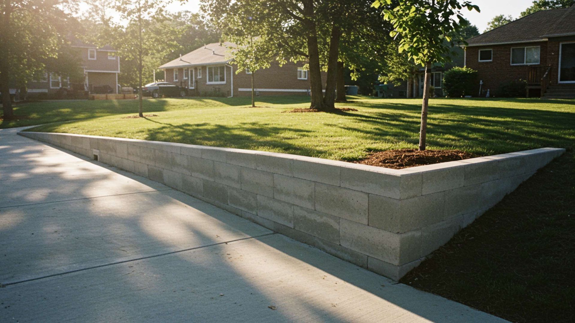 A low concrete wall borders a grassy area, next to a paved driveway. Homes and trees are in the background.
