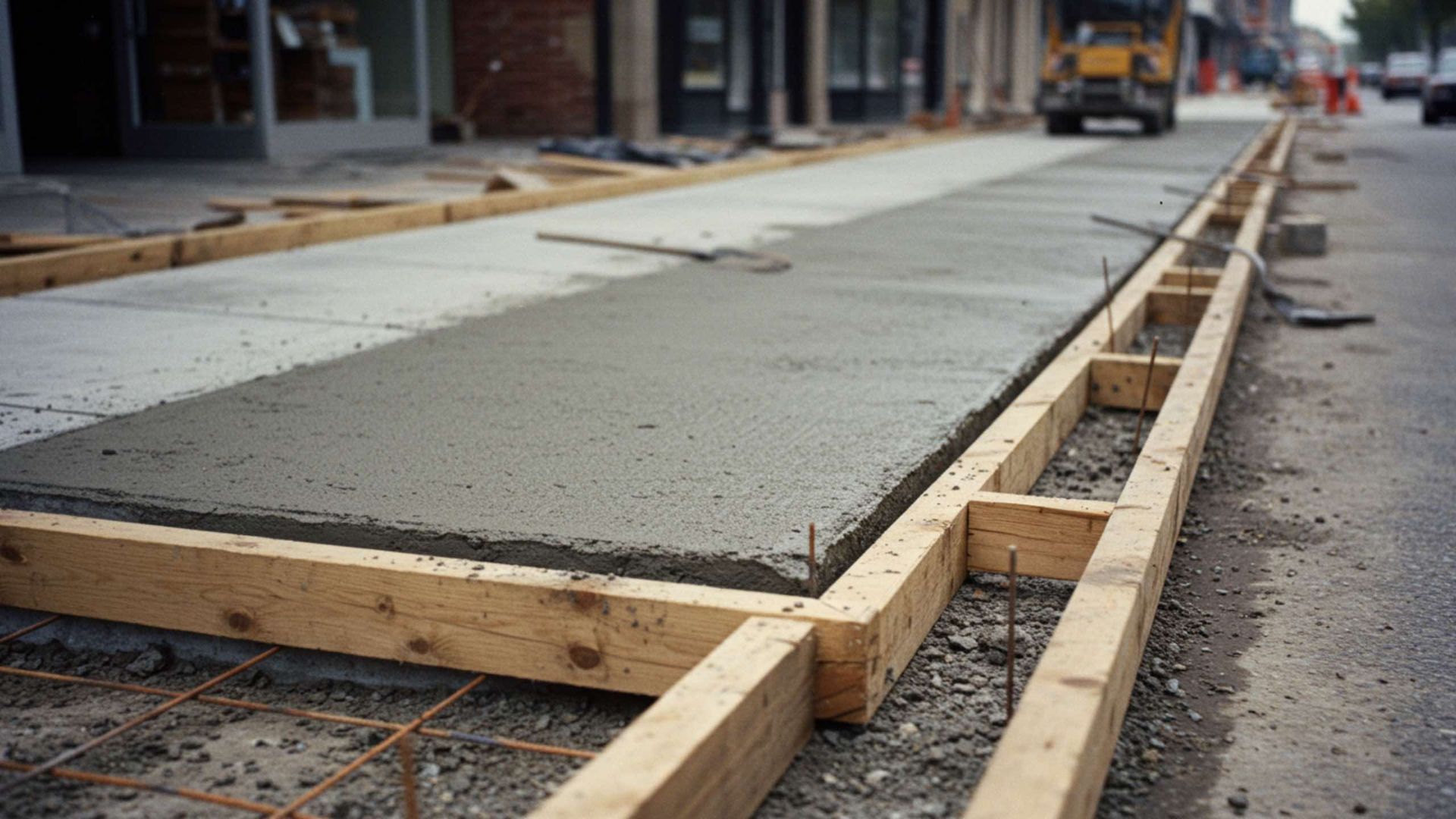 Fresh concrete being poured between wooden forms on a city street; construction underway.