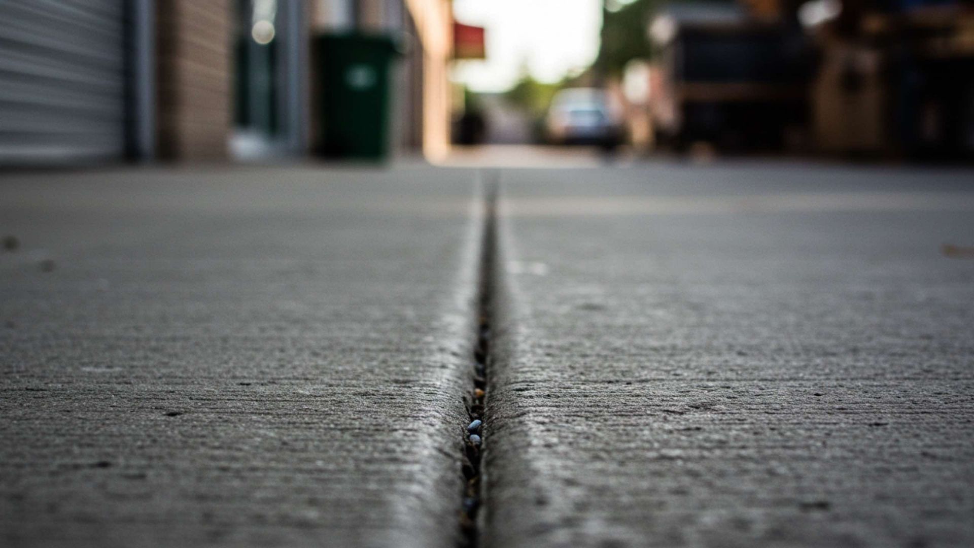 Close-up of sidewalk joint with blurred background of building, street, and trash can.
