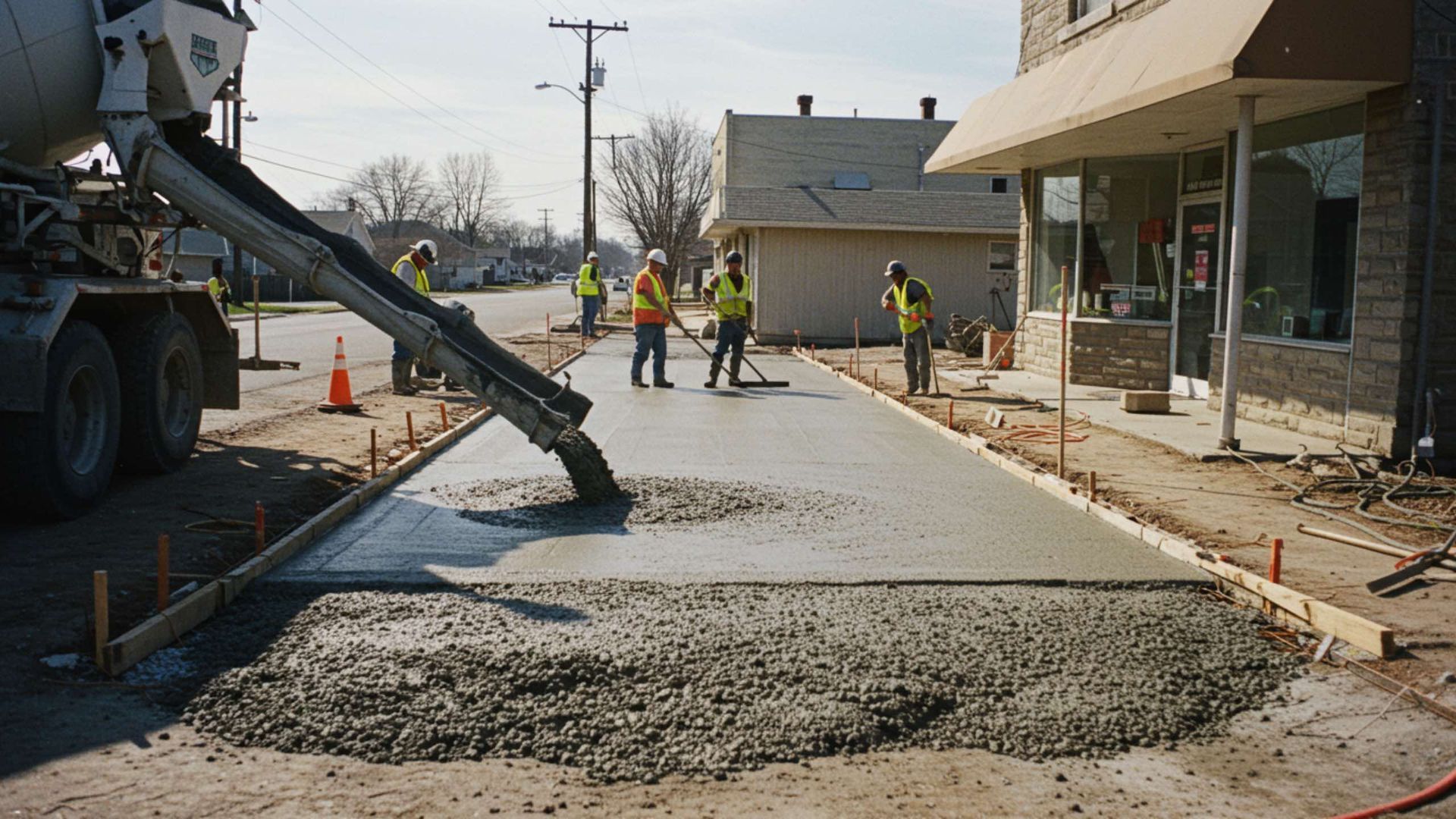 Construction workers pouring concrete on a street. A concrete truck pours into wooden frames, with workers smoothing the surface.