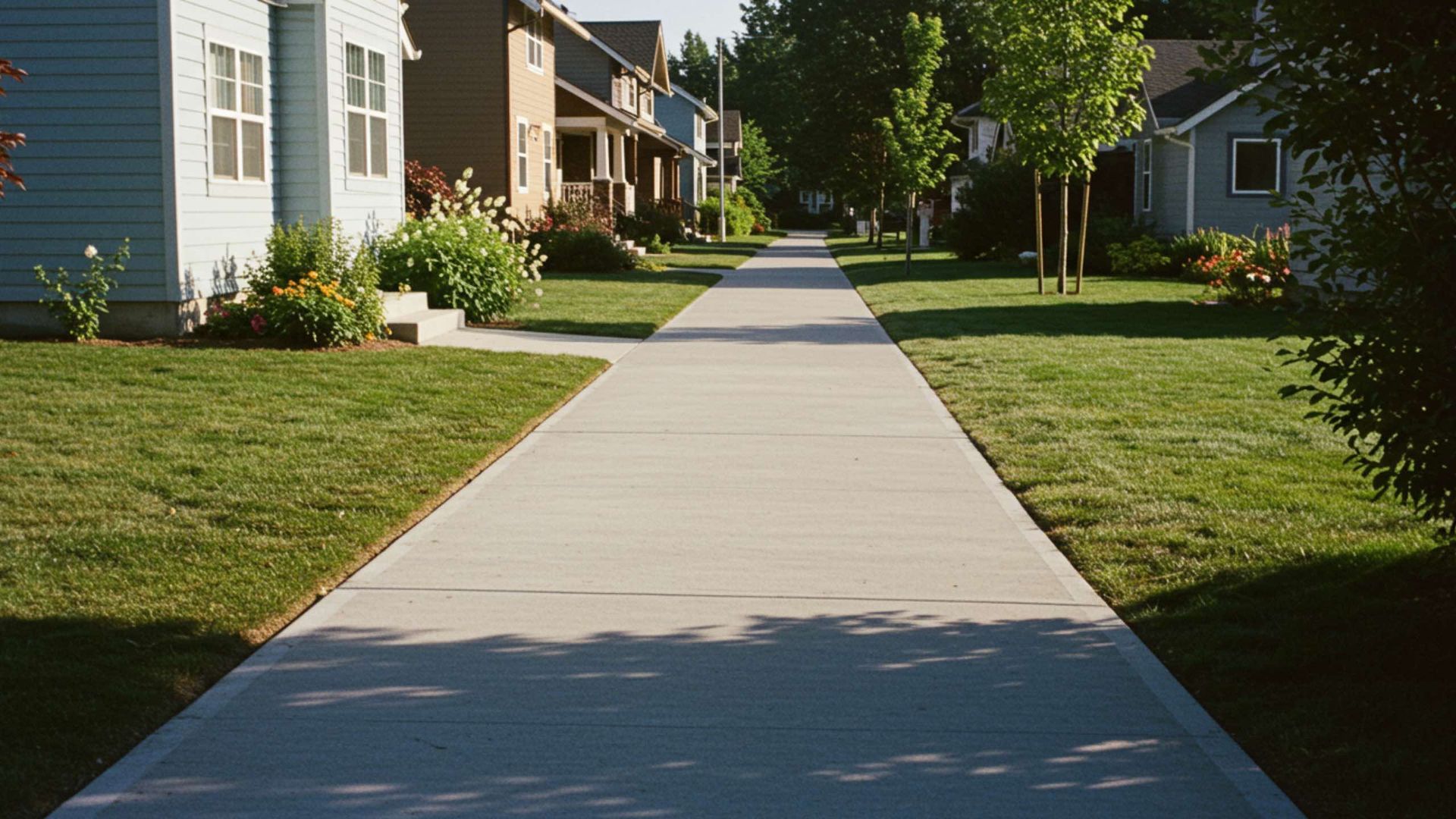 A concrete sidewalk stretches into the distance, flanked by green lawns and residential houses on both sides.