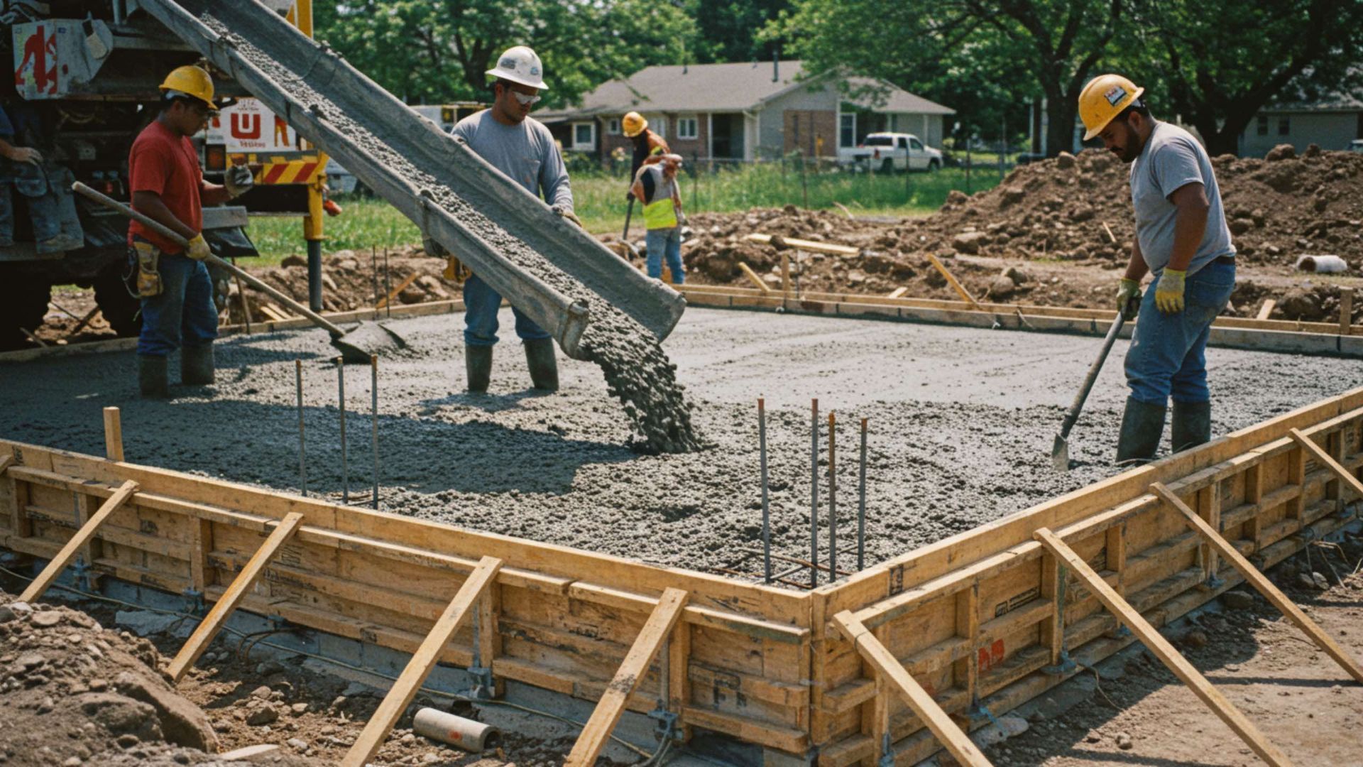 Construction workers pouring concrete foundation.