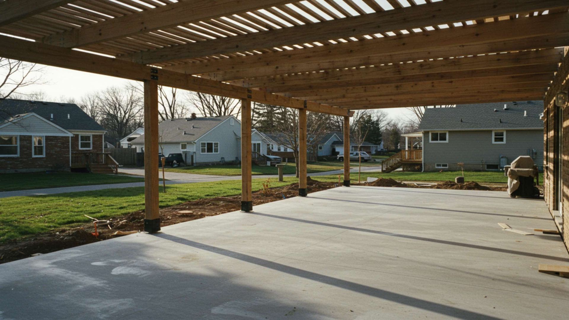 Wooden pergola over a concrete driveway in a residential neighborhood.