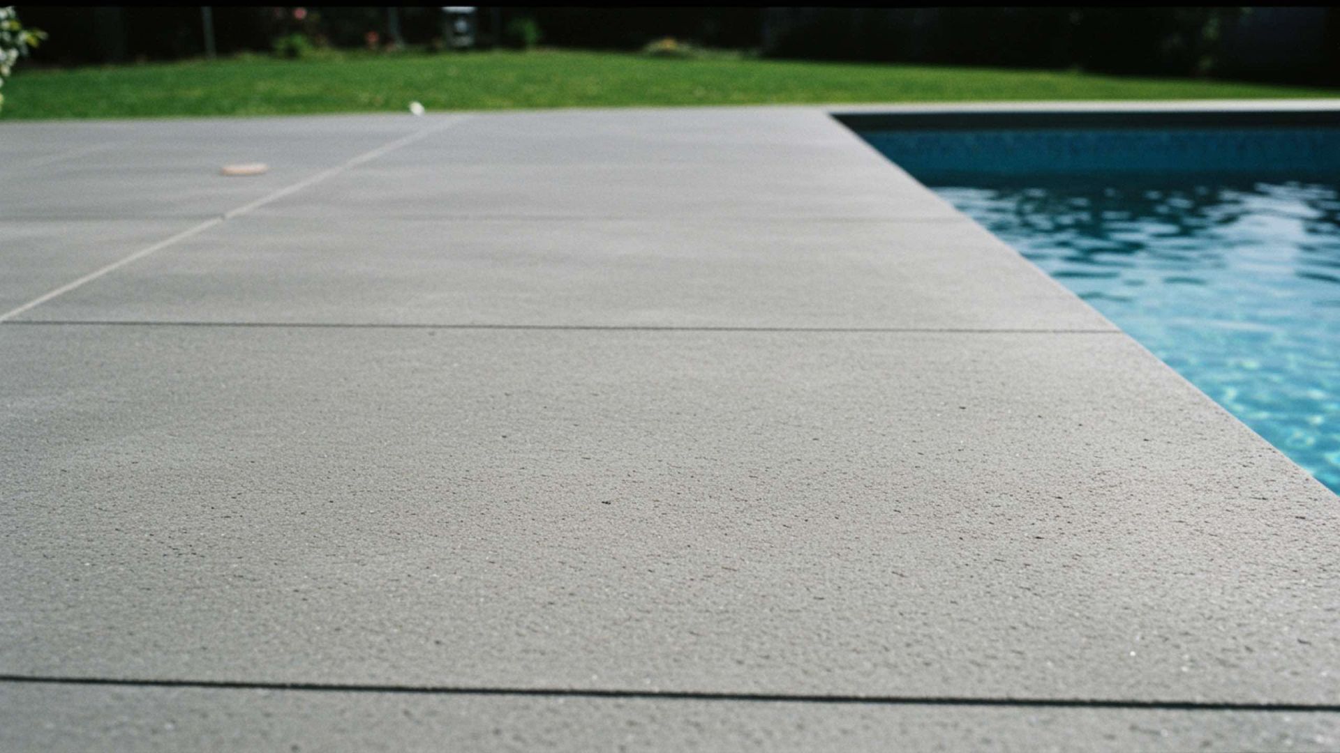 Gray concrete pool deck edge next to a blue swimming pool. Green grass in the background.