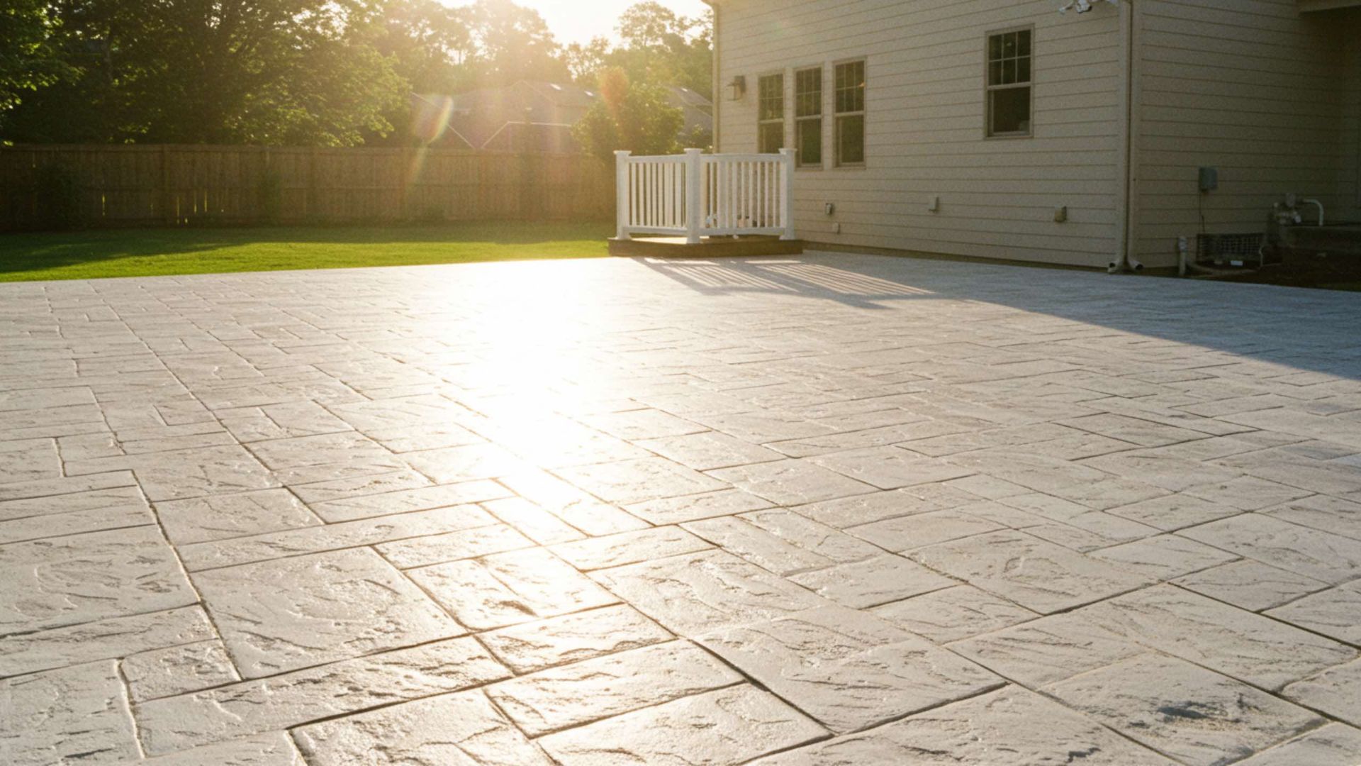 A newly installed light-colored stamped concrete patio in a backyard during sunset, with a house and lawn in the background.