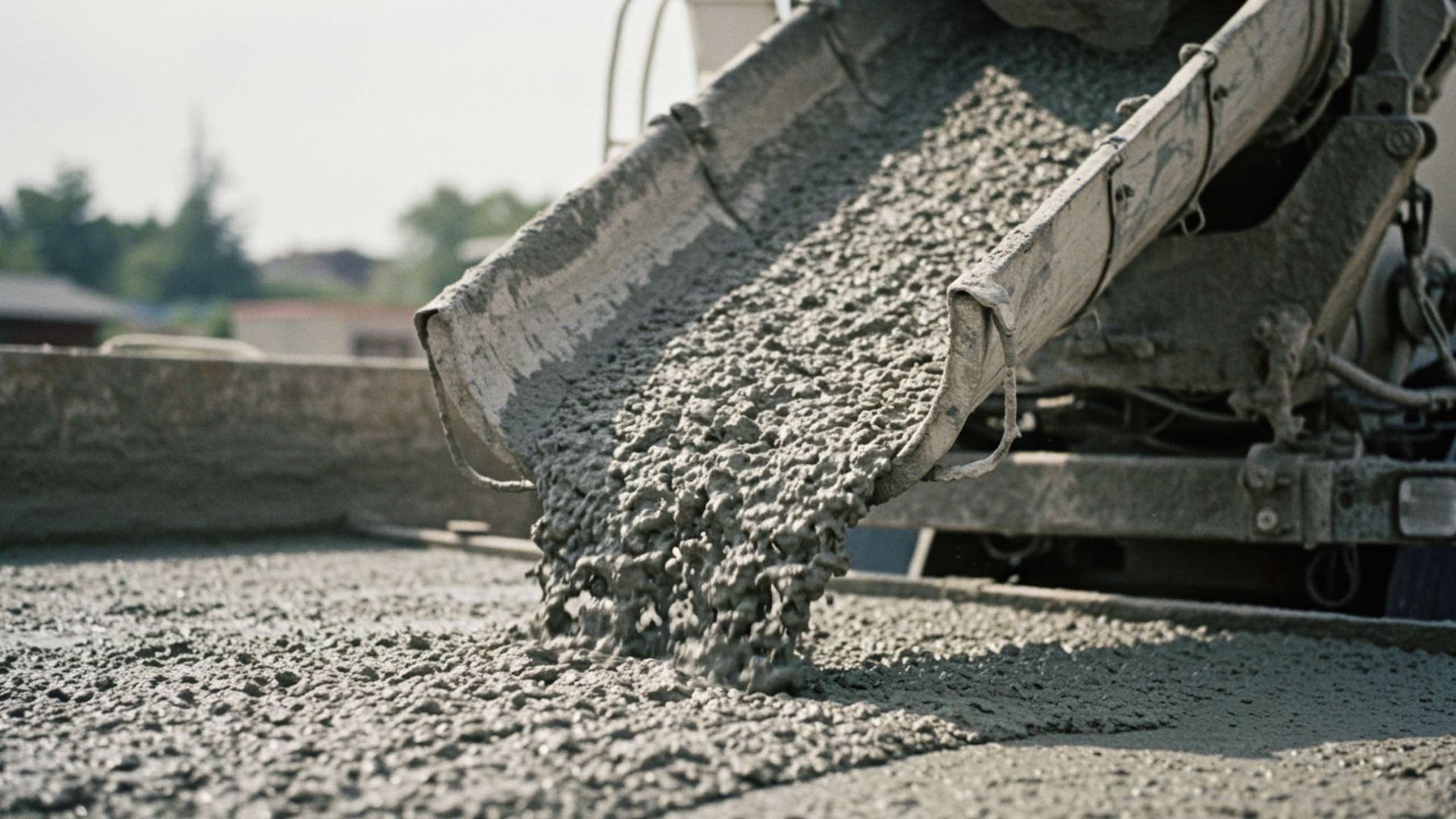 Cement truck pouring wet concrete on a construction site.
