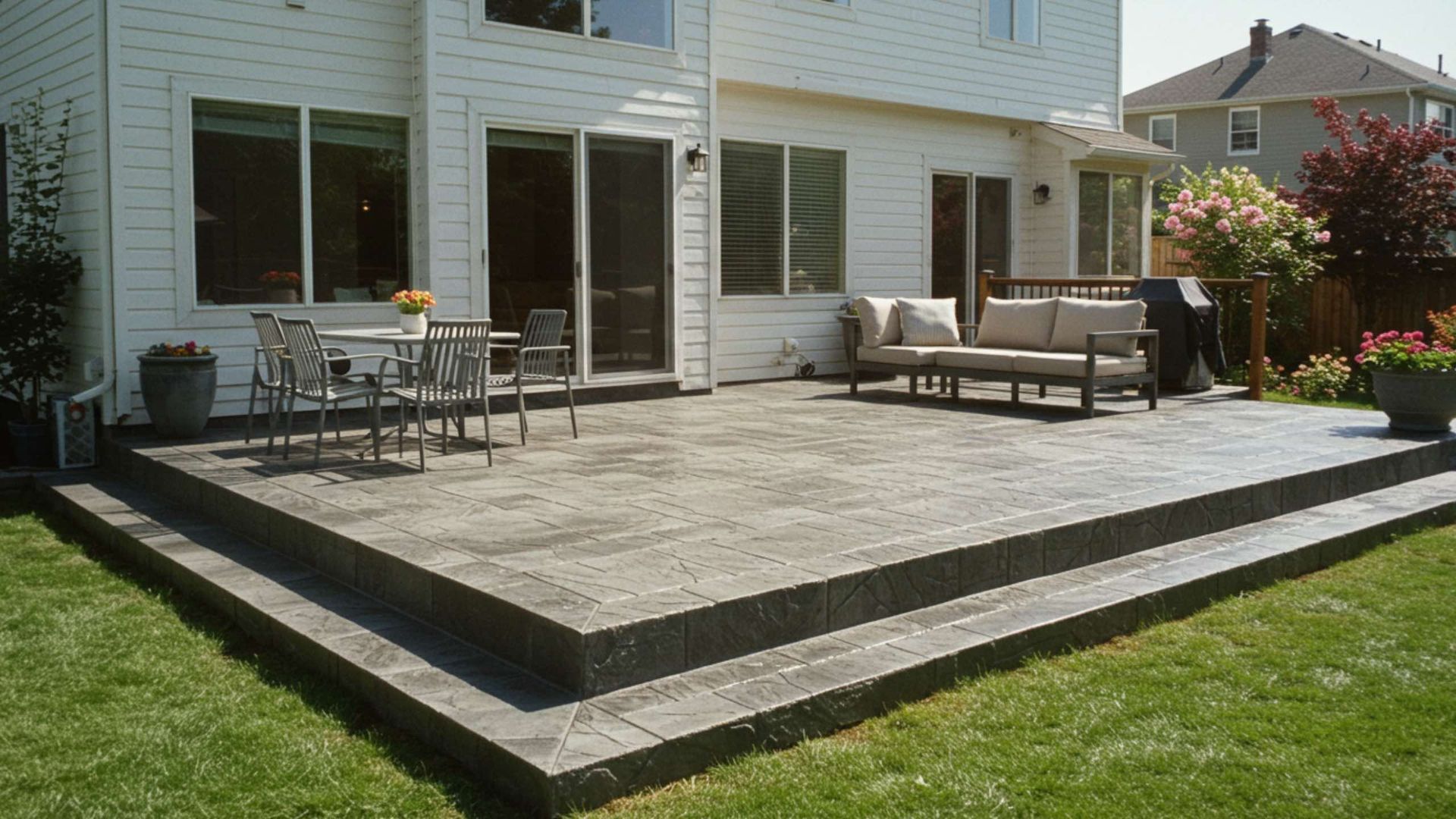 A gray concrete patio with steps, furniture, and a house in the background. Green grass surrounds it.