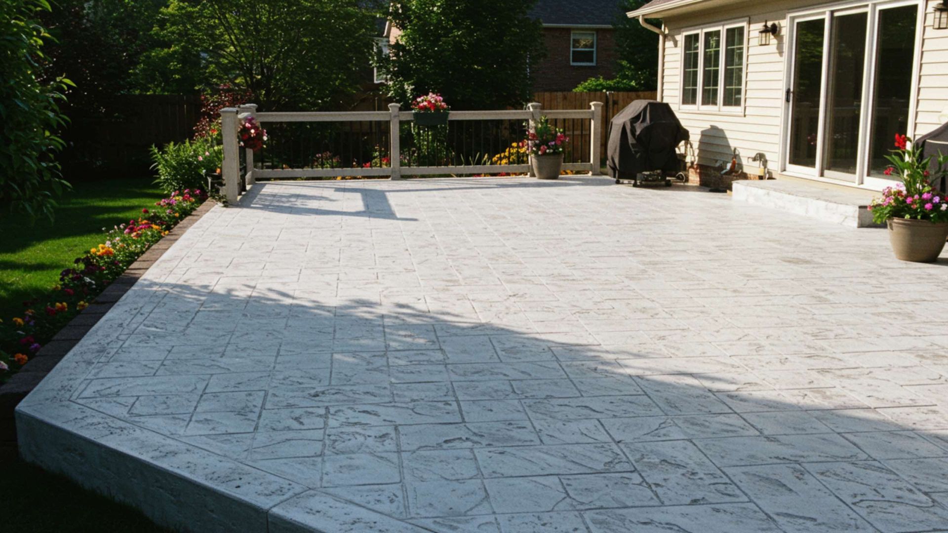 Concrete patio with a garden bed, overlooking a deck and house, with potted flowers.