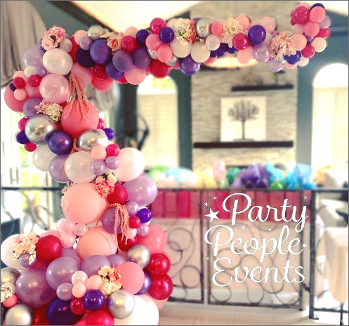 A pink and purple balloon arch with the words party people events on the bottom
