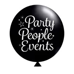 A black balloon with the words party people events written on it