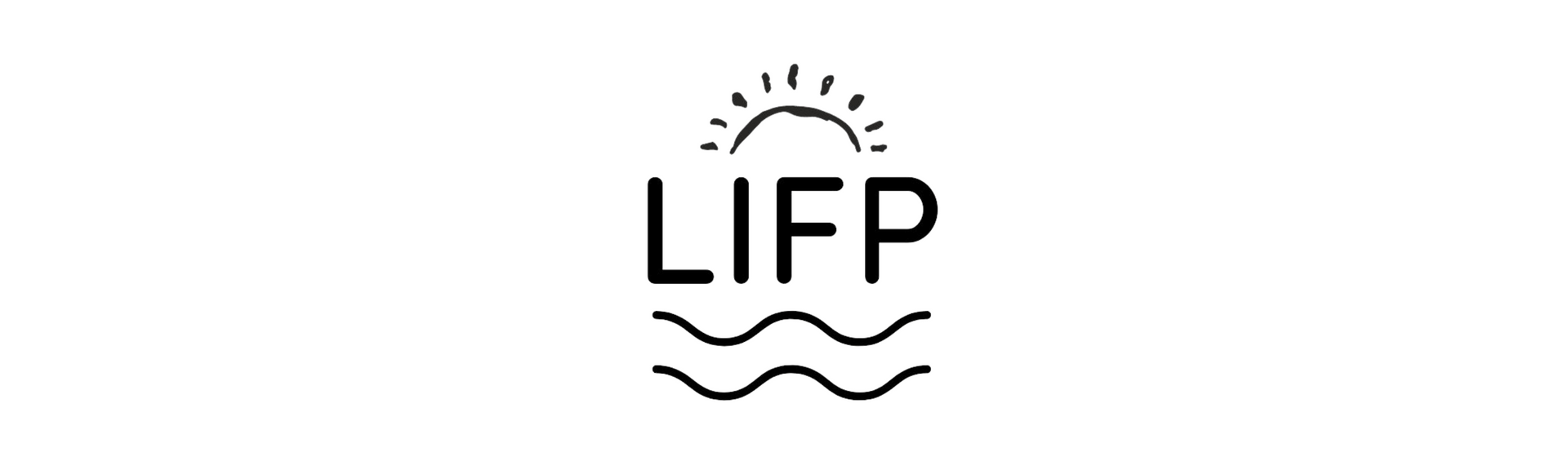 A black and white logo for lifp with waves and a sun.