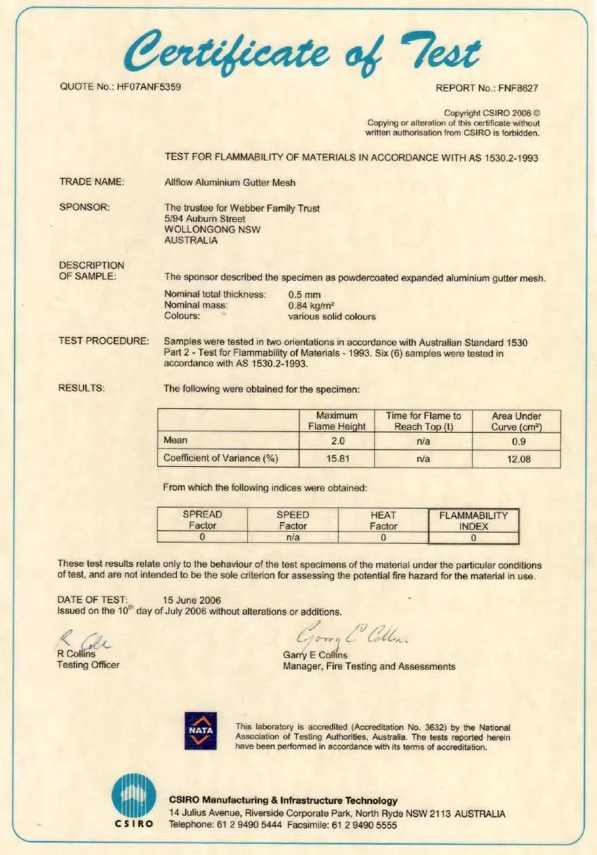 Certificate of Test for Flammability of Materials