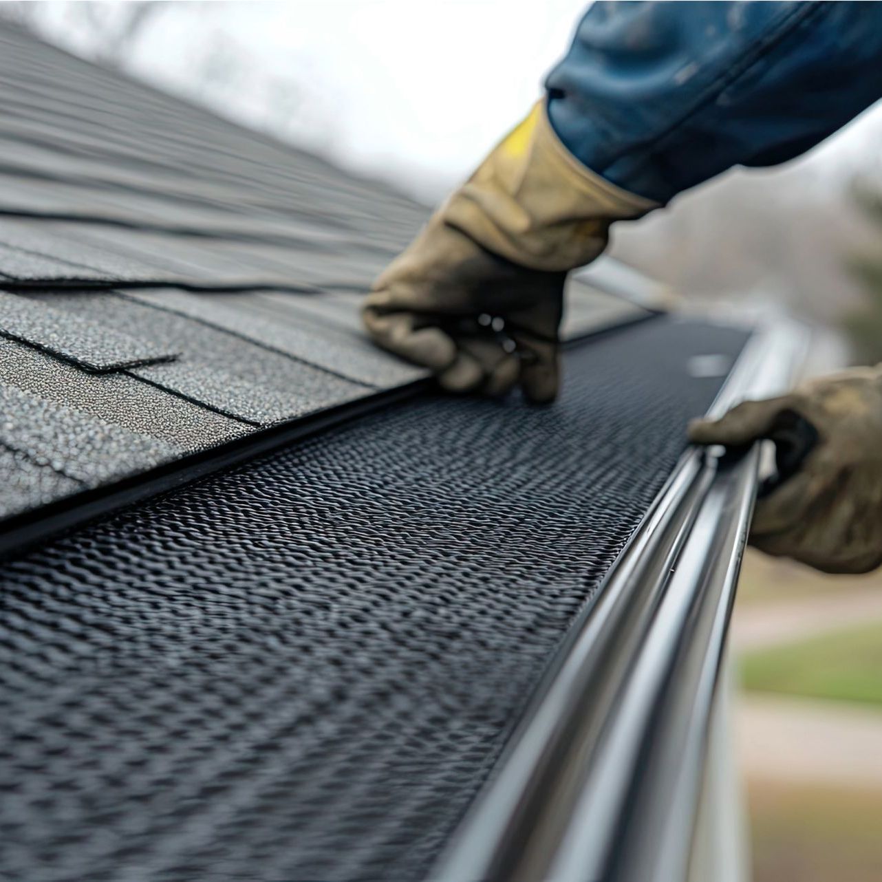 A person is installing a gutter on a roof.