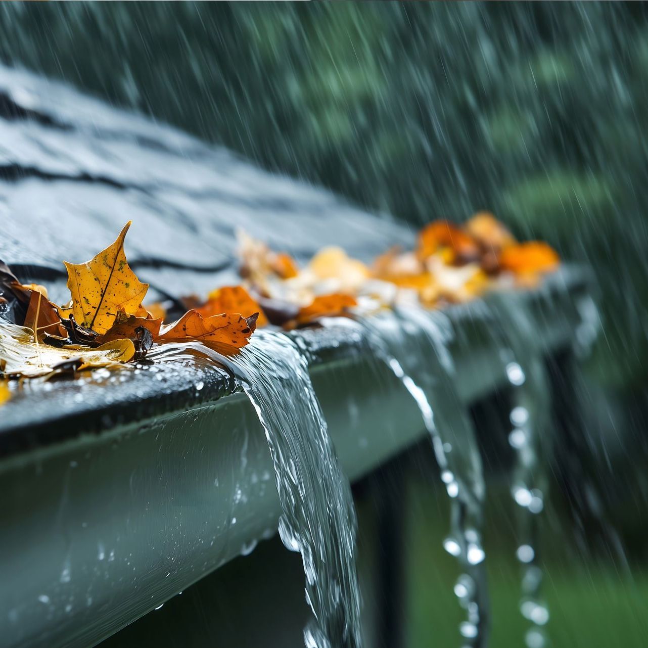 A close up of a gutter with leaves on it in the rain.