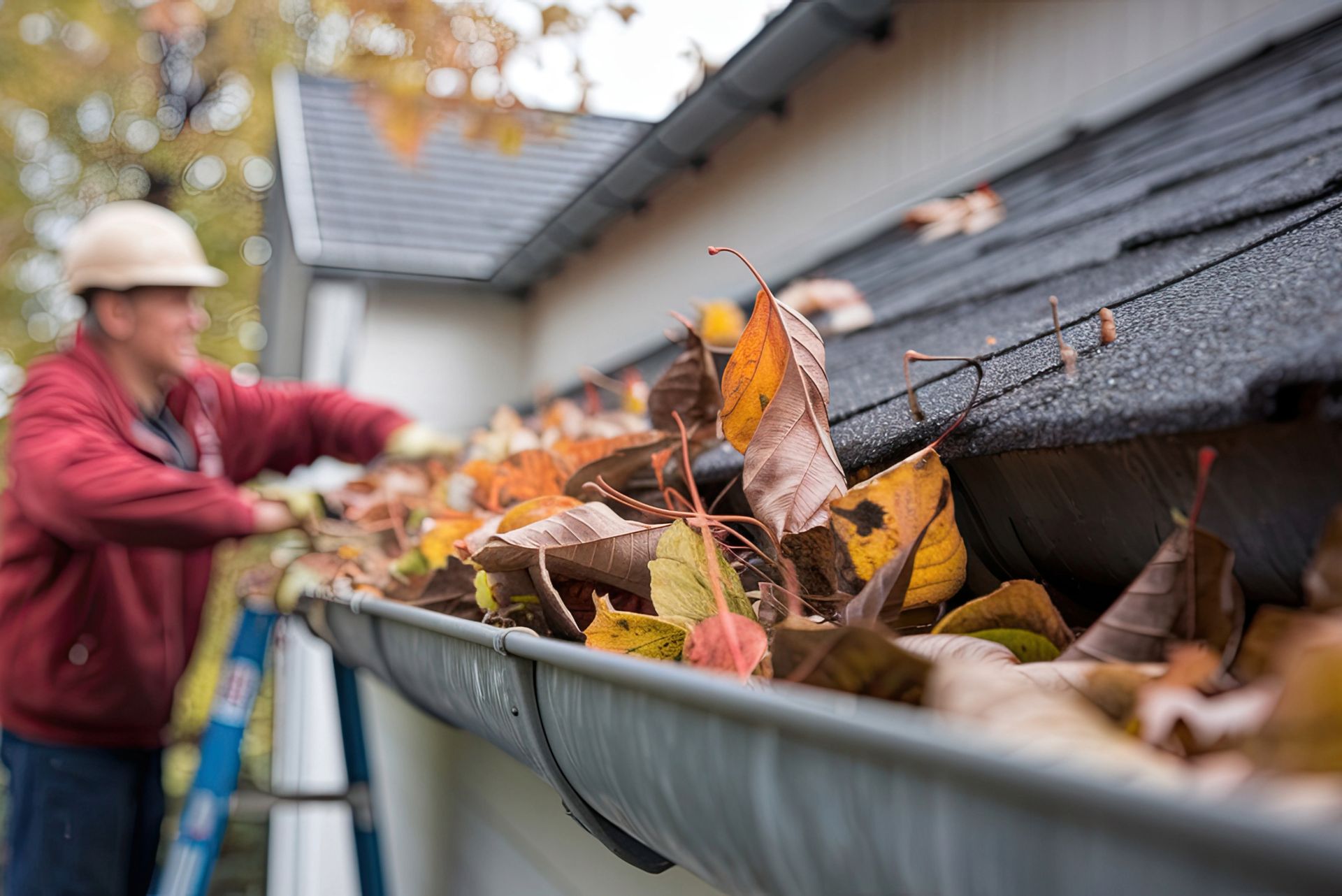 A man is cleaning a gutter of leaves from a roof.