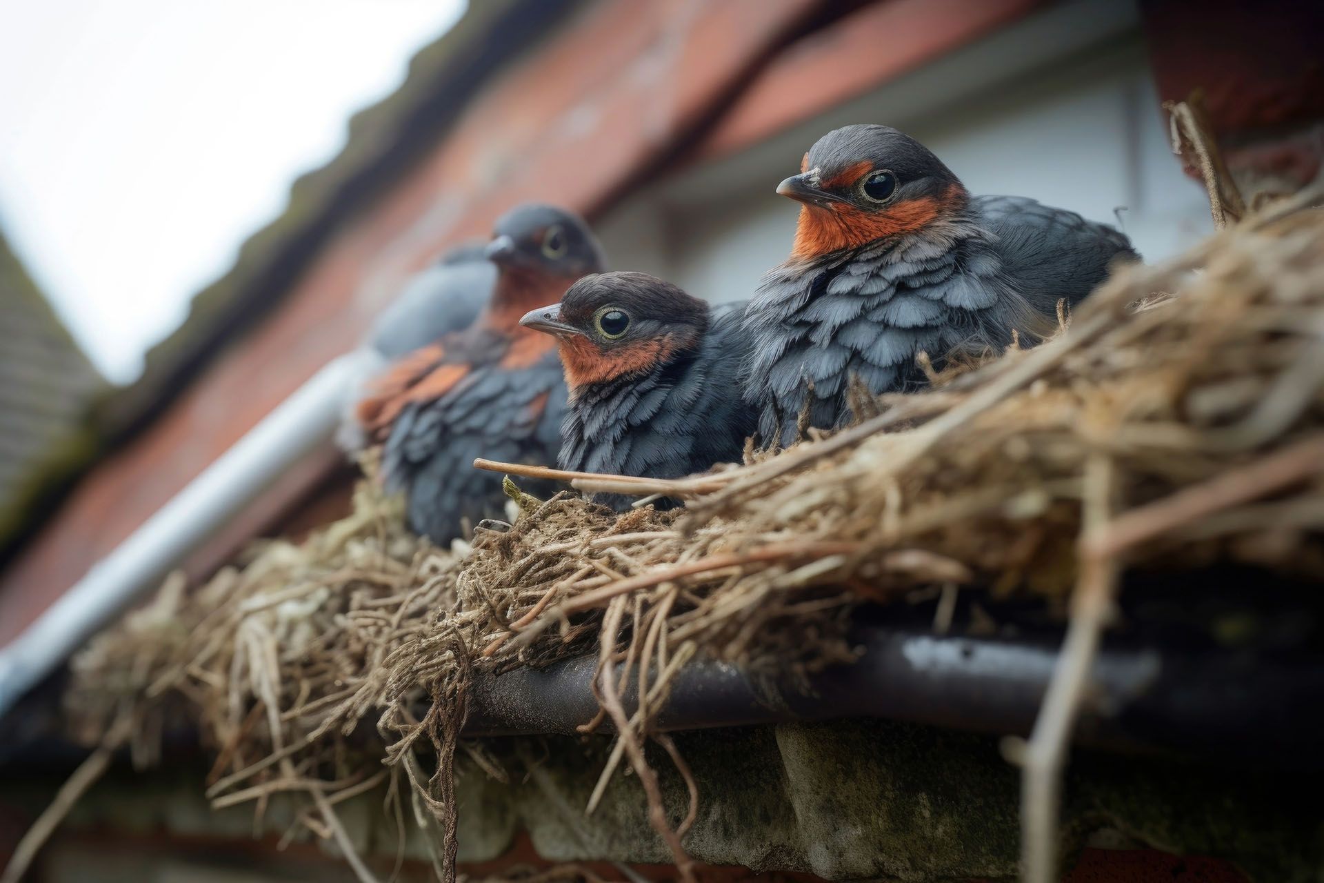 Three baby birds are sitting in a nest on a gutter.