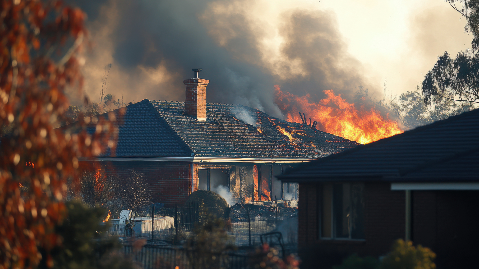House engulfed in flames, thick smoke billowing. Fire visible from roof, trees in foreground.