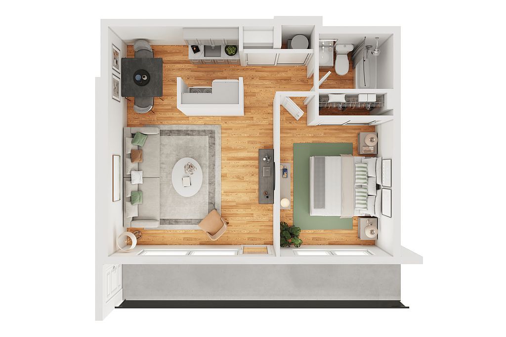 An aerial view of a floor plan of a small apartment.