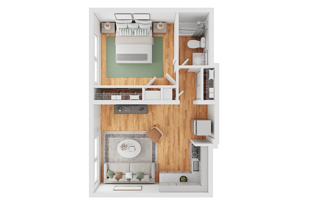 A floor plan of a small apartment with a bedroom , living room , and bathroom.