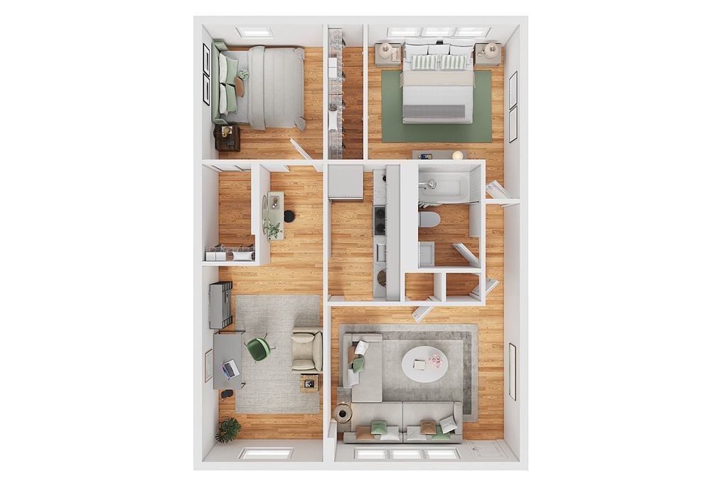 An aerial view of a floor plan of a house.