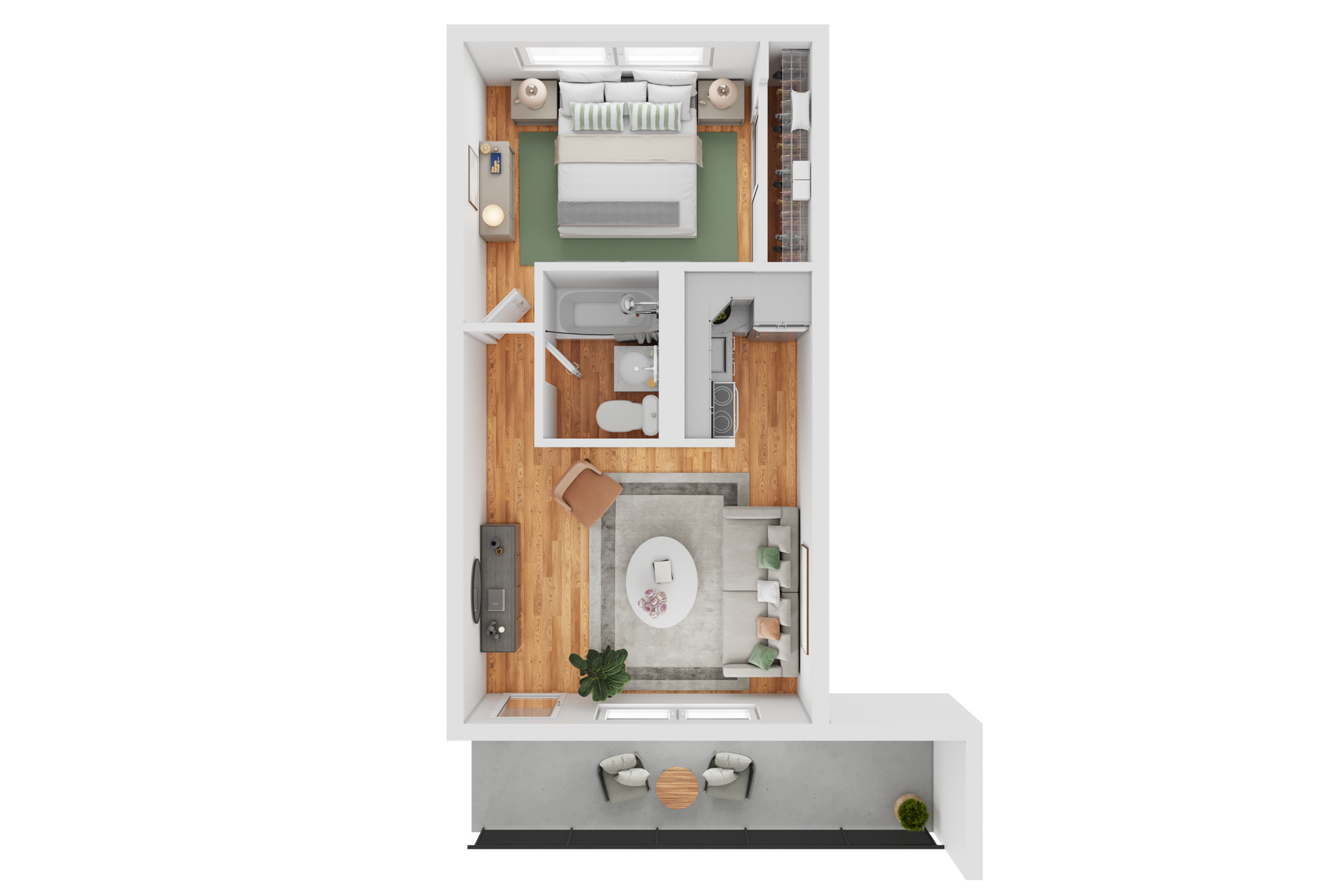A floor plan of a small apartment with a bedroom , living room , and bathroom.