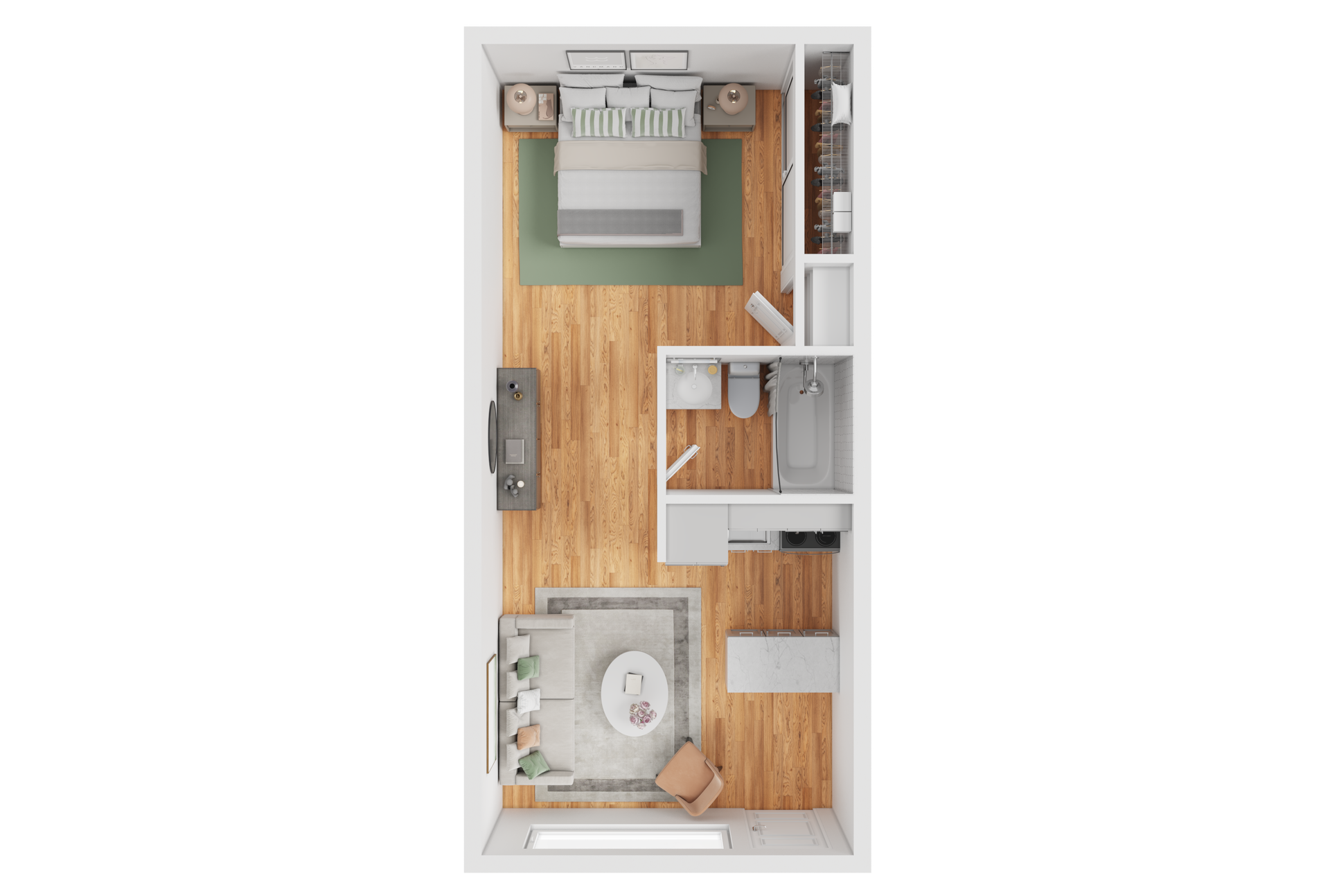 A floor plan of a small apartment with a bedroom/living area, kitchen, and bathroom.