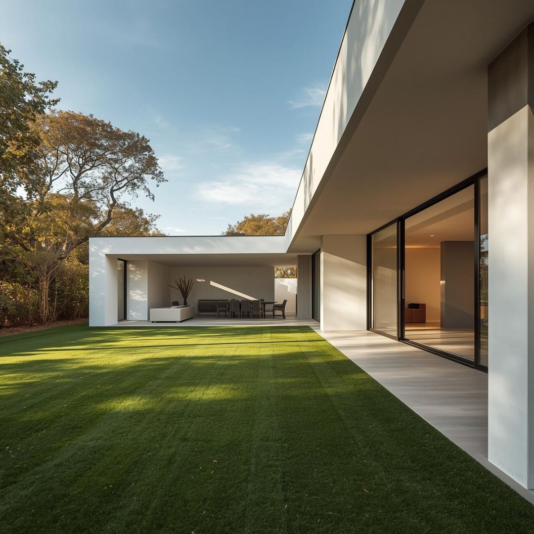 Lush green lawn in front of a modern brick house with dark windows. Sprinkler watering the grass.
