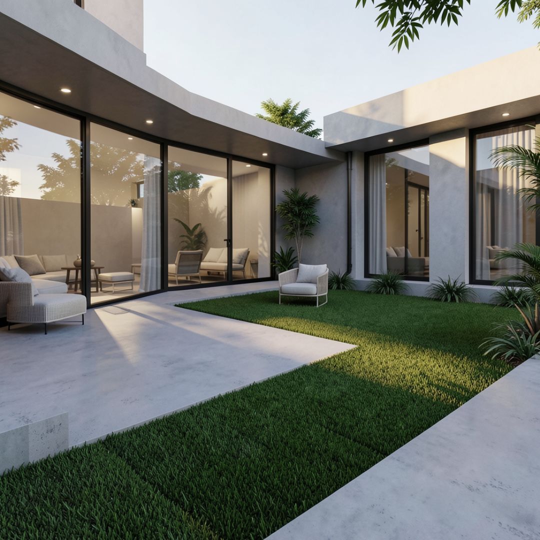Modern courtyard with gray walls, glass doors, and lawn, with seating and plants.