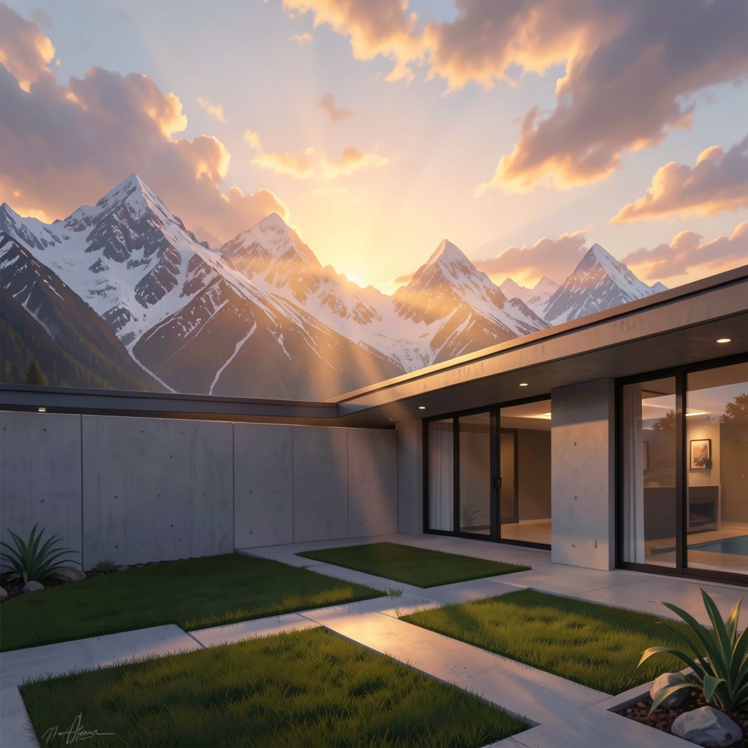 Modern home patio with mountain backdrop at sunset.
