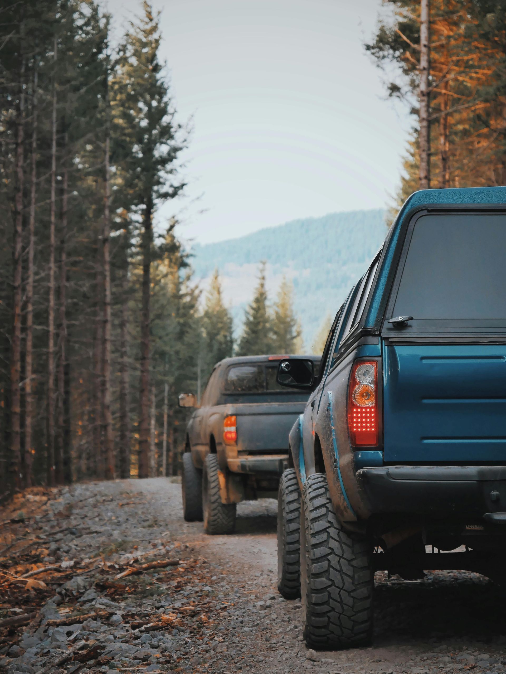 Two trucks are parked on a dirt road in the woods. | Compton's Automotive