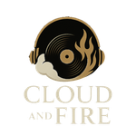 Logo: black and gold vinyl record, flame, and cloud with headphones. Text