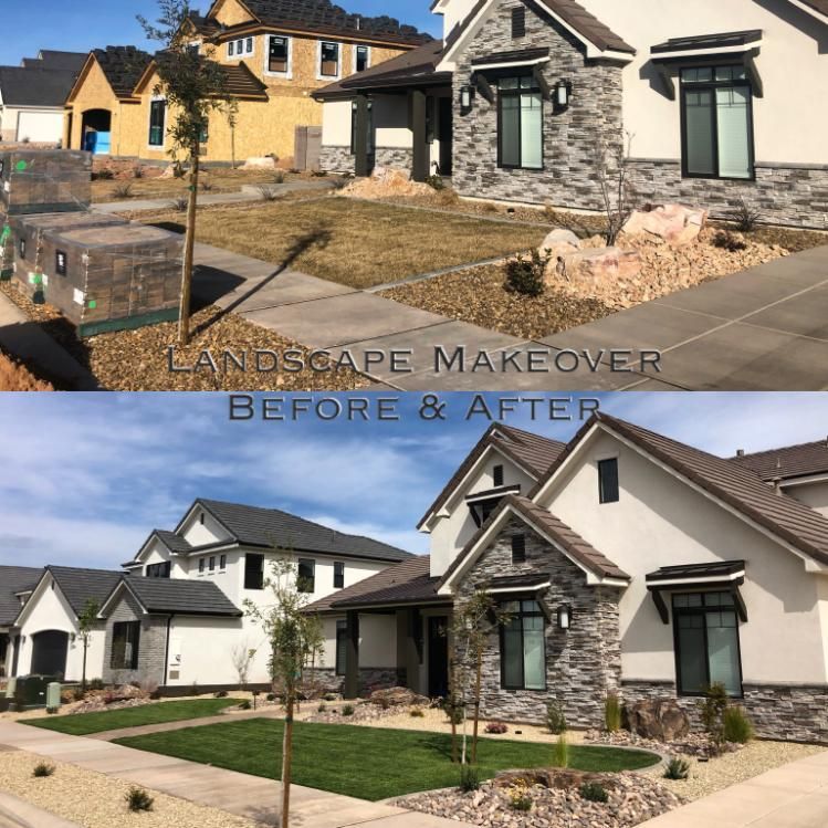 A before and after picture of a landscape makeover
