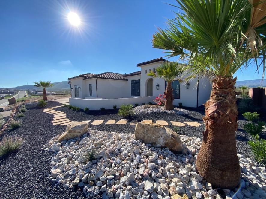 A house with a palm tree in front of it