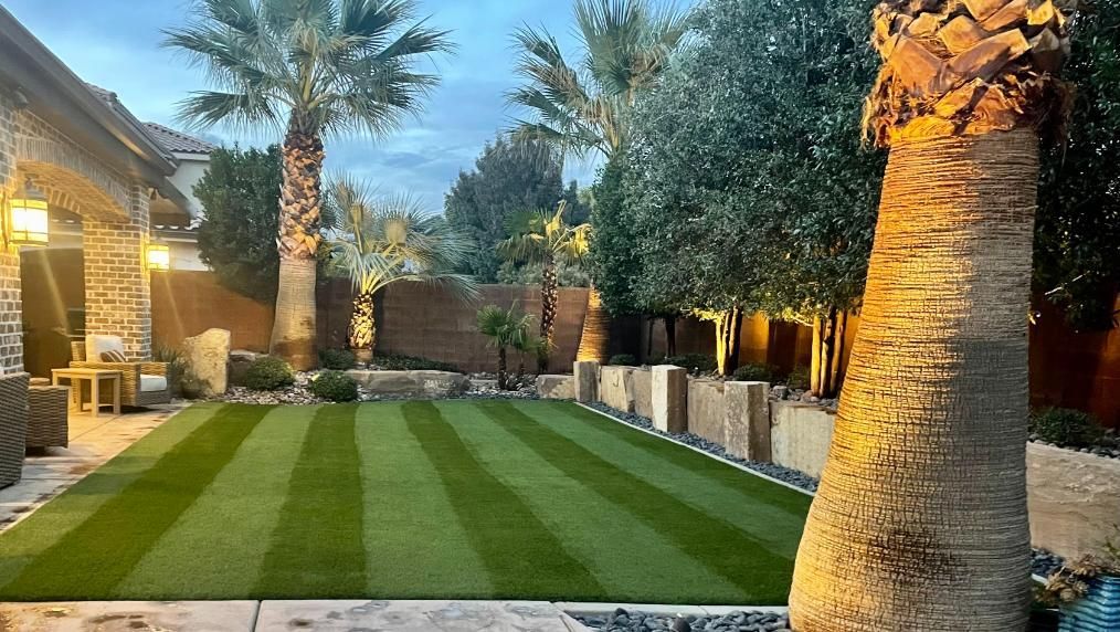 A backyard with a lush green lawn and palm trees.