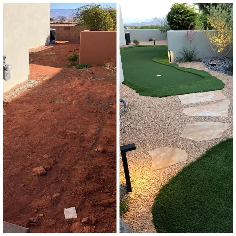 A before and after picture of a backyard with a putting green